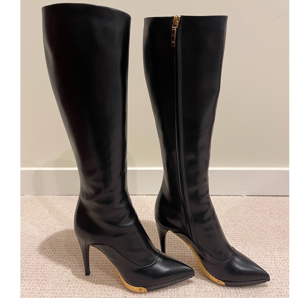 Louis Vuitton | Black Leather Knee High Boots | Gold Embellishments